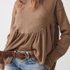 Brown Solid Color Ribbed Long Sleeve Peplum Blouse