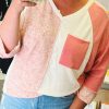 Pink Colorblock Drop Shoulder Bracelet Sleeve Plus Size Top