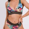 Green Tropical Print Striped Mesh Patchwork Bikini Swimsuit