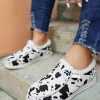 Bright White Cow Pattern Lace-up Decor Front Slip-on Flats