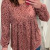 Leopard Print Long Sleeve Ruffled Babydoll Plus Size Blouse