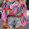 Women's Elegant Rosy Abstract Floral Print Off-Shoulder Bell Sleeve Blouse