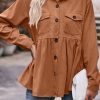 Brown Button Flap Pocket Flared Corduroy Shacket