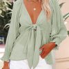 Green Textured Tie Front Peplum Blouse