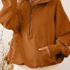 Brown Ribbed Trim Kangaroo Pocket Zipped Hoodie