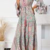 Women's Elegant Green Paisley Printed Ruffle Trim Maxi Dress