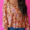 Orange Floral Square Neck Puff Sleeve Babydoll Blouse