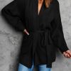 Black Robe Style Rib Knit Pocketed Cardigan With Belt