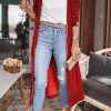 Red Velvet Open Front Pocketed Long Duster