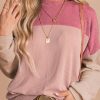 Pink Color Block Long Sleeve Ribbed Loose Top