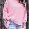 Pink Exposed Seam Leopard Splicing Plus Size Sweatshirt