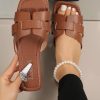 Brown Faux Leather Square Toe Hollow-Out Slippers