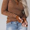 Brown Thumbhole Sleeve Striped Henley Top