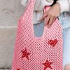 Pink Star Heart Print Hollow Out Knit Shoulder Bag