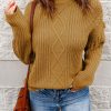 Brown Mixed Textures Fringe High Neck Sweater