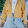 Yellow Zip Closure Drawstring Cinched Cropped Hoodie