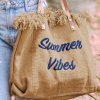 Khaki Summer Vibes Distressed Canvas Large Tote Bag