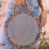 Sky Blue Retro Straw Woven Fringed Round Shoulder Bag