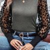 Medium Grey Leopard Mesh Puff Sleeve Patchwork Slim Fit Top