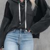 Gray Waffle Knit Long Sleeve Drawstring Hoodie