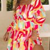 Multicolor Abstract Print Puff Sleeve Smocked Square Neck Dress