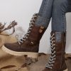 Coffee Wool Knit Patchwork Lace Up Leather Boots