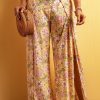 Women's Casual Yellow Floral Print High Slit Wide Leg Pants