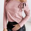 Pink Asymmetric Ribbon Tie Long Sleeve Top