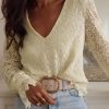 Beige Floret Lace V Neck Long Sleeve Blouse