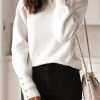 White Button Ribbed Puff Sleeve High Neck Sweater