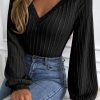 Black Knitted Jacquard V Neck Lantern Sleeve Top