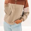 Khaki Color Block Zip Mock Neck Pocketed Sweatshirt