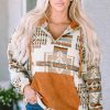 Beige Aztec Print Kangaroo Pocket Half-Zip Hoodie