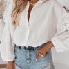 White Eyelets Embroidered Puff Sleeve Buttoned Shirt