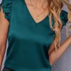 Green Flutter Sleeve V Neck Satin Top