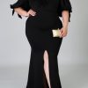 Black Bow Tie Puff Sleeve Plus Size High Slit Maxi Dress