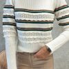 White Striped Ribbed Scalloped Detail Knit Sweater