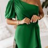 Green Asymmetric Bubble Sleeve Twist Knot Wrap Dress