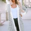 White Striped Side Pockets Open Front Cardigan