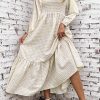 Khaki Plaid Ruffled Square Neck Smocked Tiered Maxi Dress