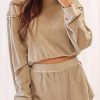 Women's Khaki Piping Trim Long Sleeve Terry Shorts Set