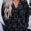 Women's Black Plaid Button Neck Pocketed Pullover Hoodie