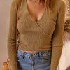 Khaki Wrap V Neck Rib Knit Long Sleeve Top