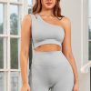 Gray Single Split Shoulder Ribbed Cropped Sports Top