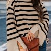 Khaki Striped Mock Neck Bell Sleeve Knit Sweater