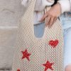 Apricot Star Heart Print Hollow Out Knit Shoulder Bag