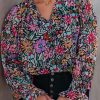 Multicolour Plus Size Floral Smocked Cuffs V-Neck Blouse