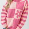 Strawberry Pink Checkered Floral Print Striped Sleeve Sweater