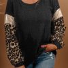 Black Plus Size Leopard Sequin Long Sleeve Top