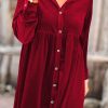 Red Long Sleeve Ruffle Velvet Button Up Dress